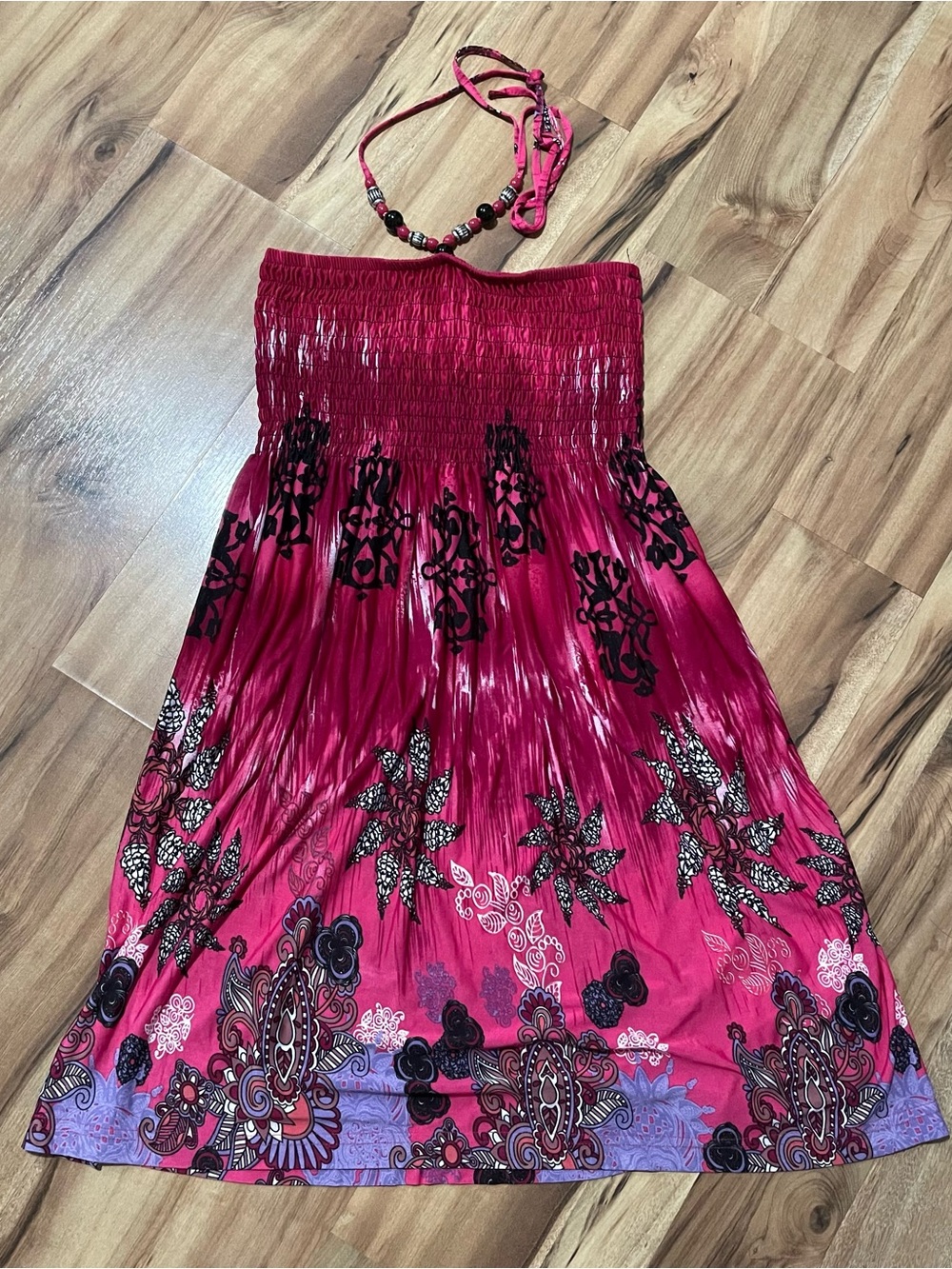 Paradise Contour Pink Tie Dye Bohemian Smocked Tube Dress w/ Beads Y2K